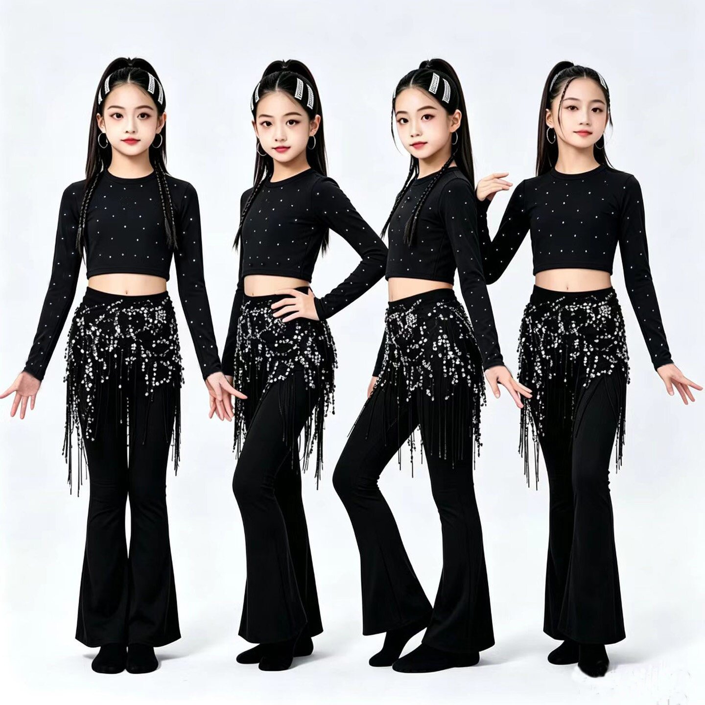 女童爵士舞服装儿童模特形体训练服少儿拉丁舞练功黑色紧身喇叭裤