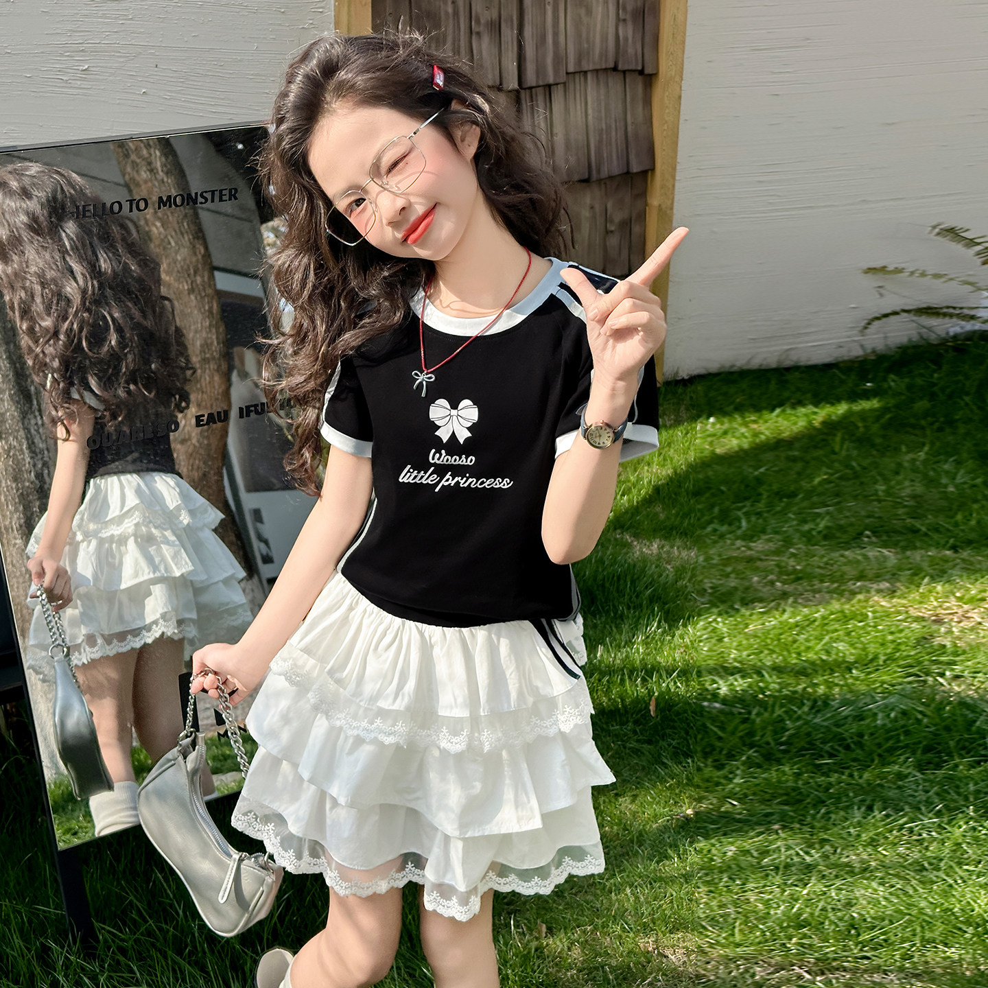 爵士舞走秀女童夏季蛋糕裙黑色短袖T恤花边裙子两件套可爱演出服8