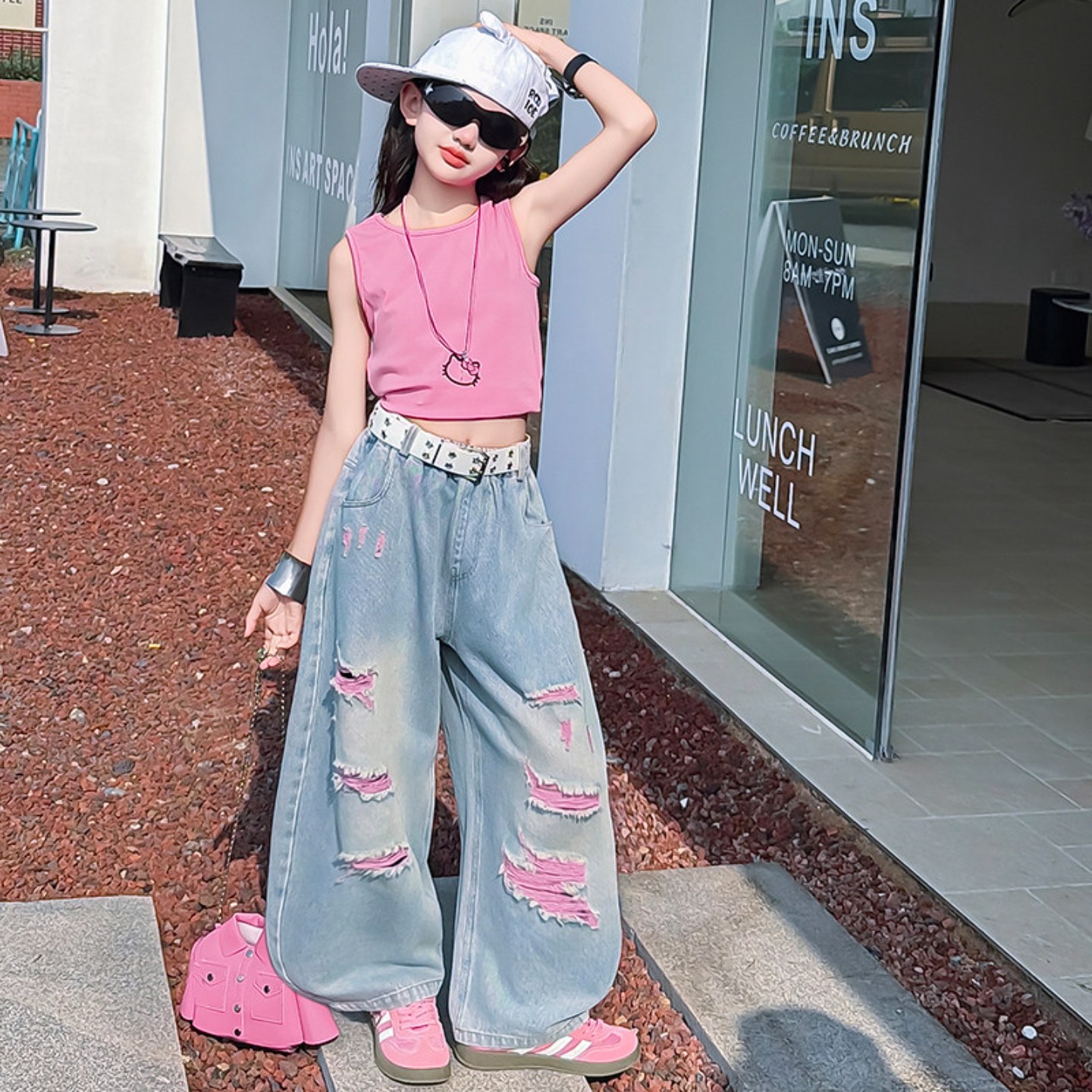 女童韩系夏装套装2026新款巨好看潮酷短袖t儿童夏季牛仔裤两件套8