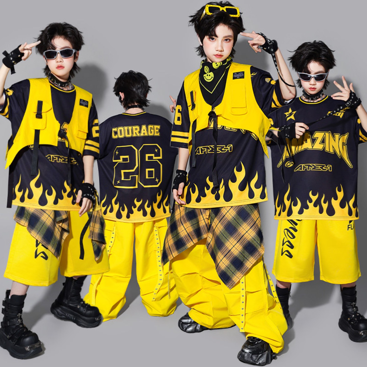 六一儿童嘻哈黄色街舞演出服男童嘻哈马甲套装少儿hiphop服装潮装