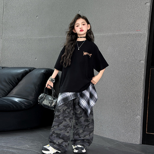 美式 女童街舞穿搭夏季 女孩夏装 大儿童潮酷休闲短袖 嘻哈两件套 套装