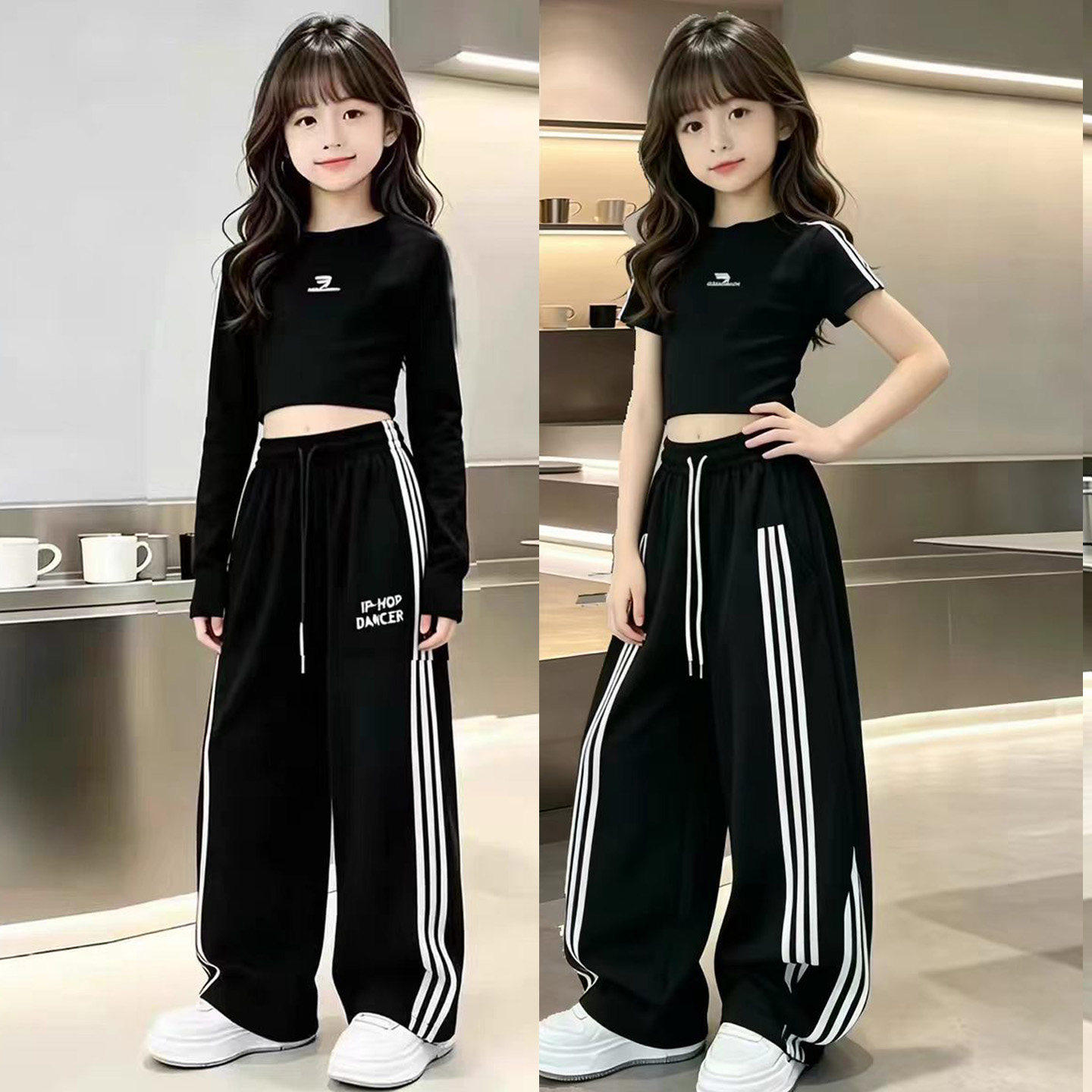 爵士舞服装女童秋季黑白长袖套装嘻哈酷甜儿童hiphop街舞潮服表演