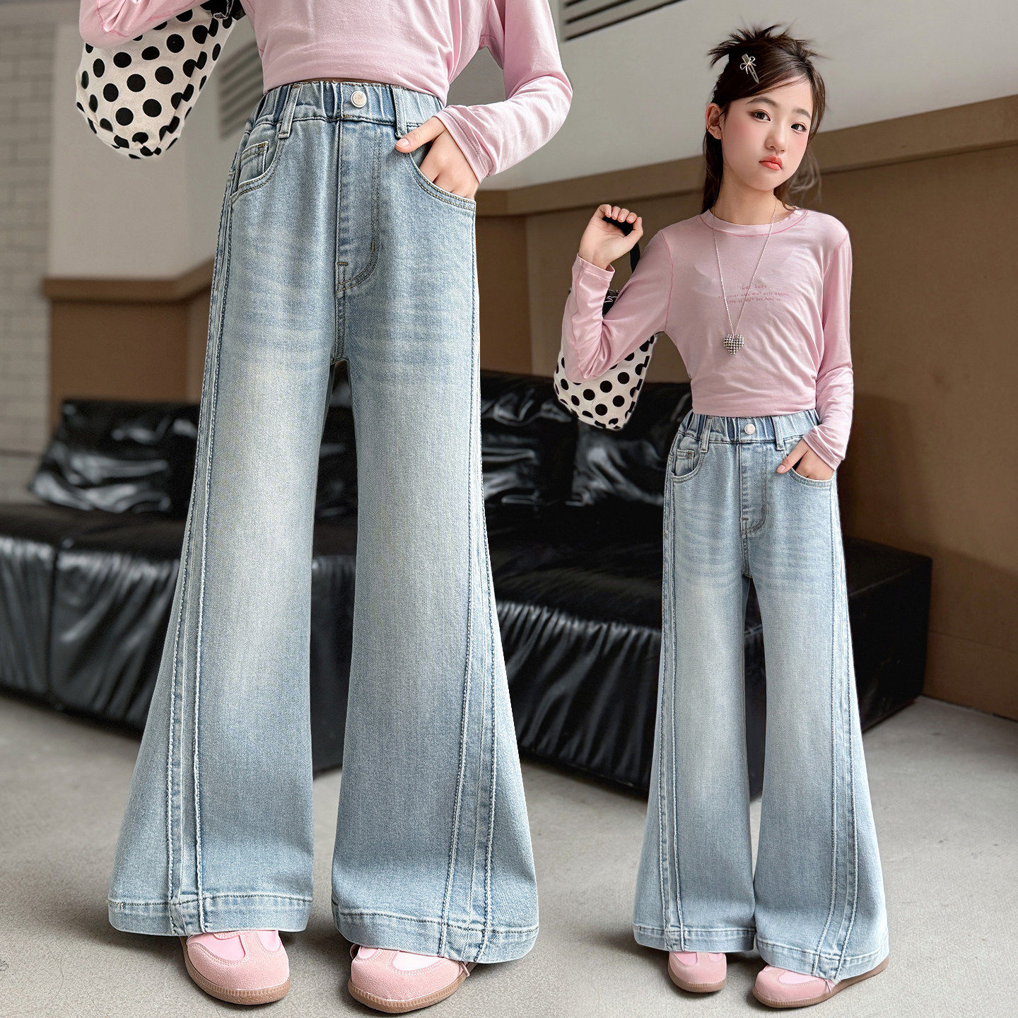 女童喇叭裤春秋2026款女大童牛仔裤微喇韩版时髦洋气春天休闲裤子