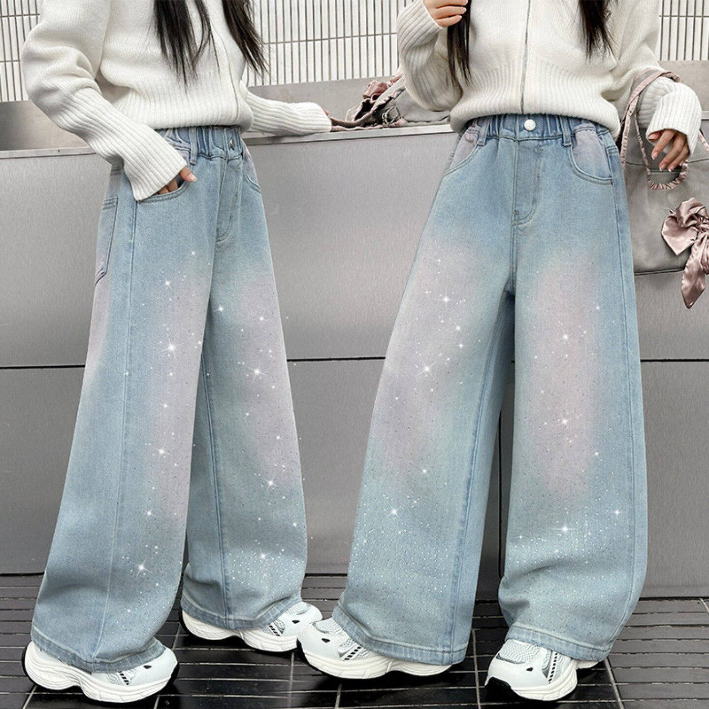 女童烫钻牛仔裤秋冬儿童加绒裤子浅色亮钻初中生女孩春季直筒长裤