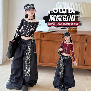 女童辣妹套装春装2026中大童小女孩五角星一字肩工装伞兵裤两件套