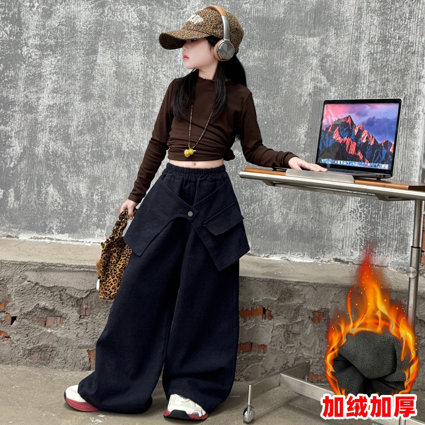 皮皮妞女童加绒裙帘裤冬款街舞走秀服个性爵士服中大童嘻哈阔腿裤