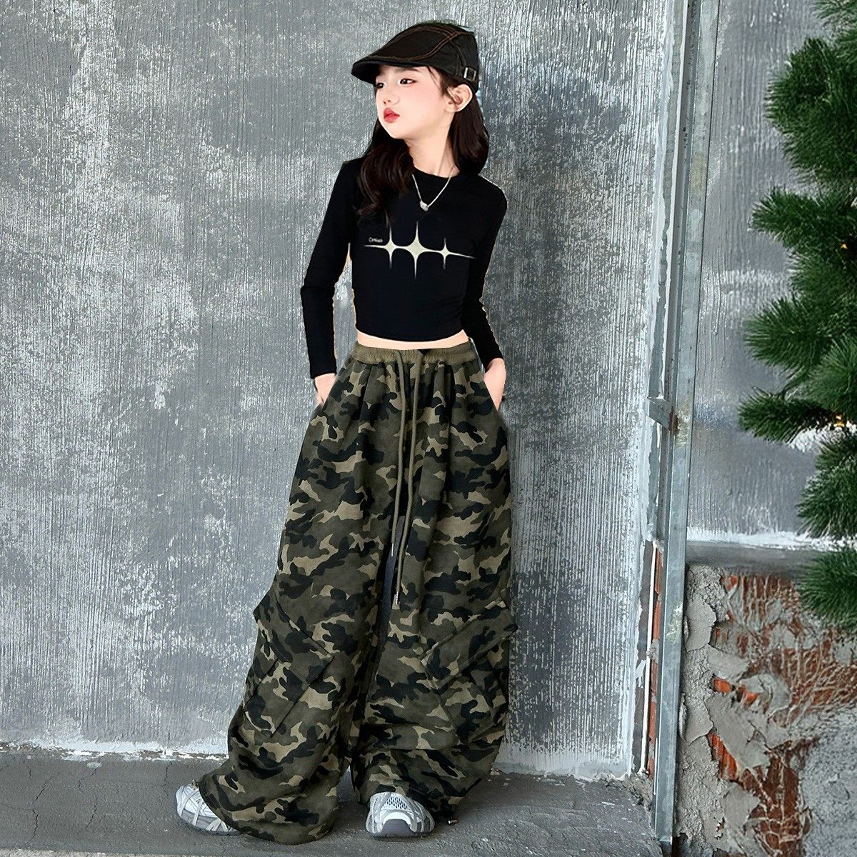 女童春秋款街舞服装儿童嘻哈迷彩工装裤女孩爵士舞设计感走秀潮服