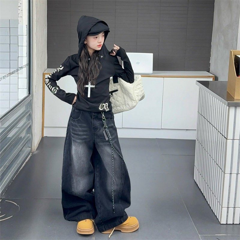 女童美式复古弯刀牛仔裤套装春秋季2026新款儿童宽松显瘦阔腿裤子