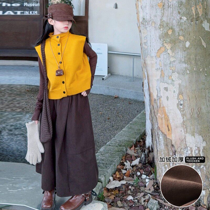 女童冬装套装2026新款女孩冬季洋气美拉德加绒加厚毛衣马甲三件套