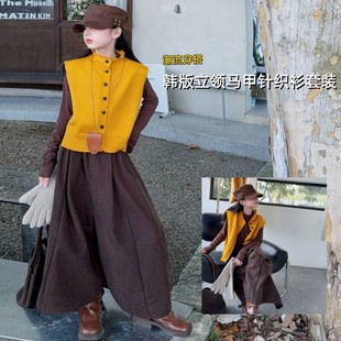 女童2025秋冬韩系半高领针织马甲长袖打底衫灯芯绒七分裤新款套装