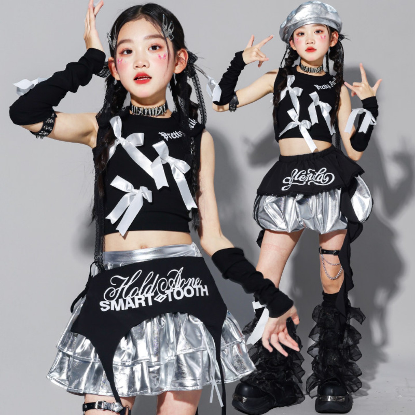 女童jazz爵士舞服装儿童银色街舞演出服女孩炸街走秀潮装少儿套装