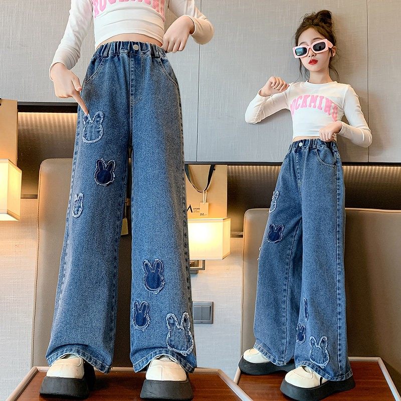 女童个性牛仔阔腿裤儿童春秋韩版高腰直筒宽松中大童百搭长裤时尚