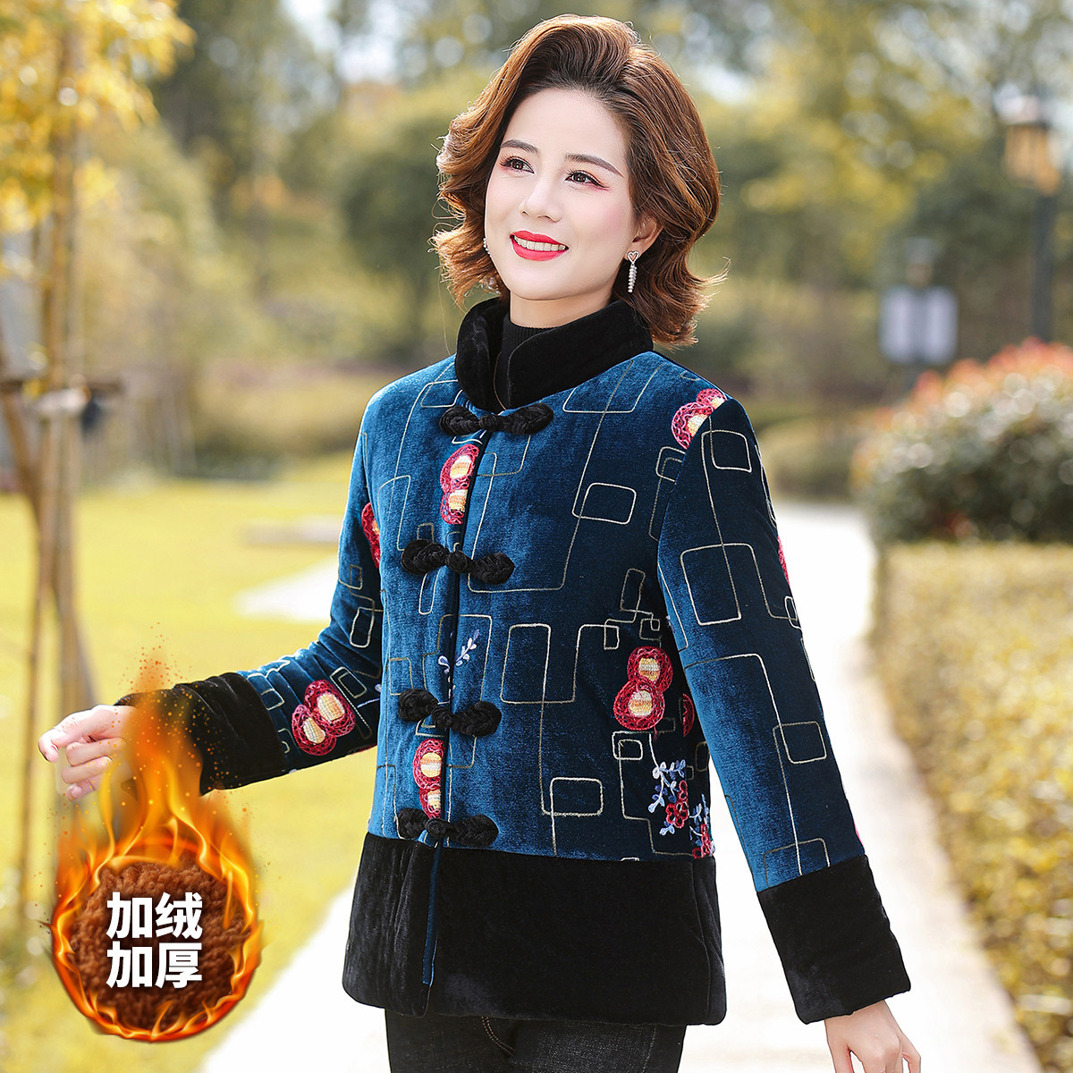 台格棉服加绒加厚冬季妈妈装中老年装复古风盘扣绣花丝绒唐装外套