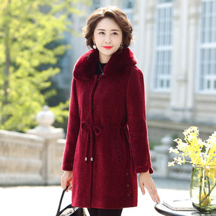 【台格】秋冬时尚妈妈装女装外套毛领抽绳收腰中长款棉大衣女