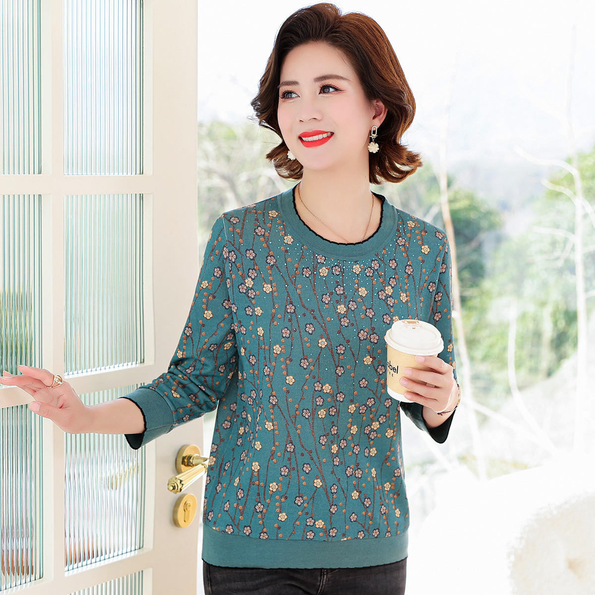 台格【时尚烫钻】春秋季妈妈装中老年装上衣圆领印花七分袖T恤女