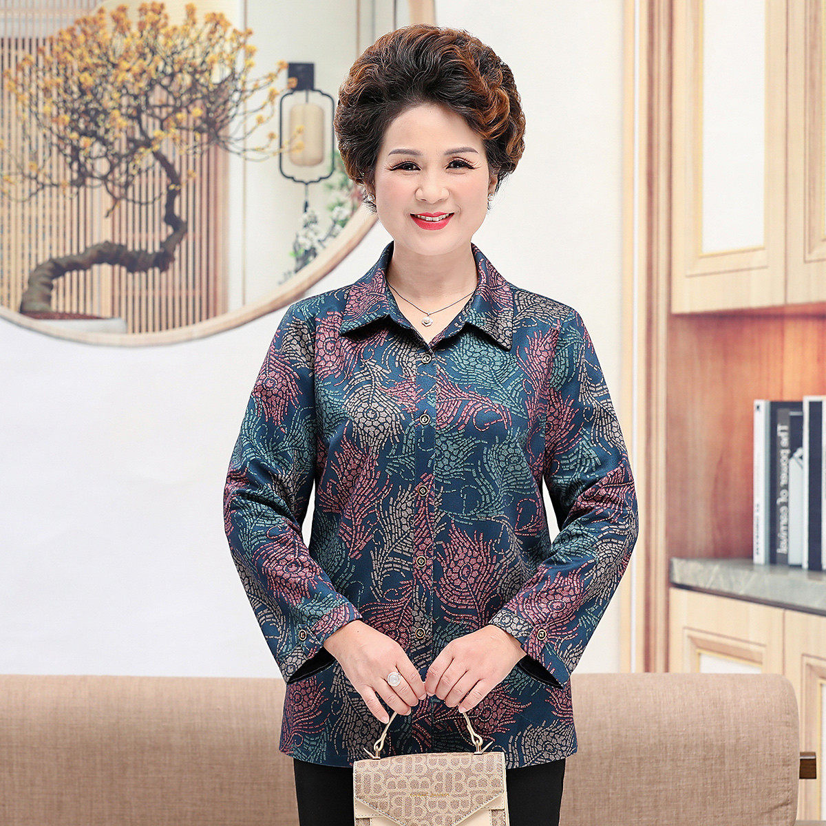 【台格】春秋季奶奶装中老年妈妈装翻领印花长袖休闲衬衫女