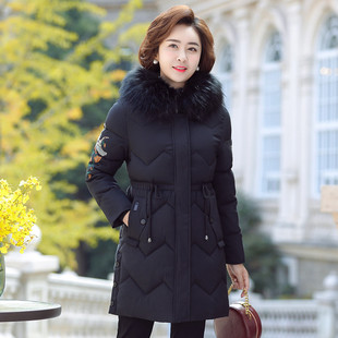 台格爆款推荐冬装妈妈装毛领连帽绣花抽绳收腰中长款棉服棉衣女