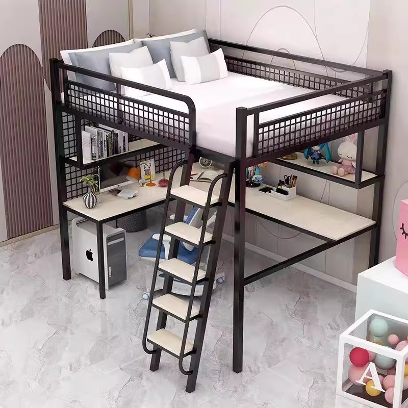高架床上床下桌阁楼高低床带书桌书架组合小户型错位上下转角书桌