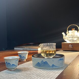 草木灰手绘远山釉下彩储水壶承茶台陶瓷干泡盘R家用养壶茶承储水