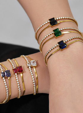 2mm锆石爪镶石头双层刀片链手链 ins彩色锆石不锈钢18K金轻奢手链