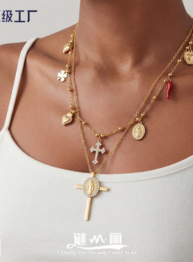 谜丽工厂直销超闪5A锆石十字吊坠不锈钢项链镀18k真金跨境首饰品