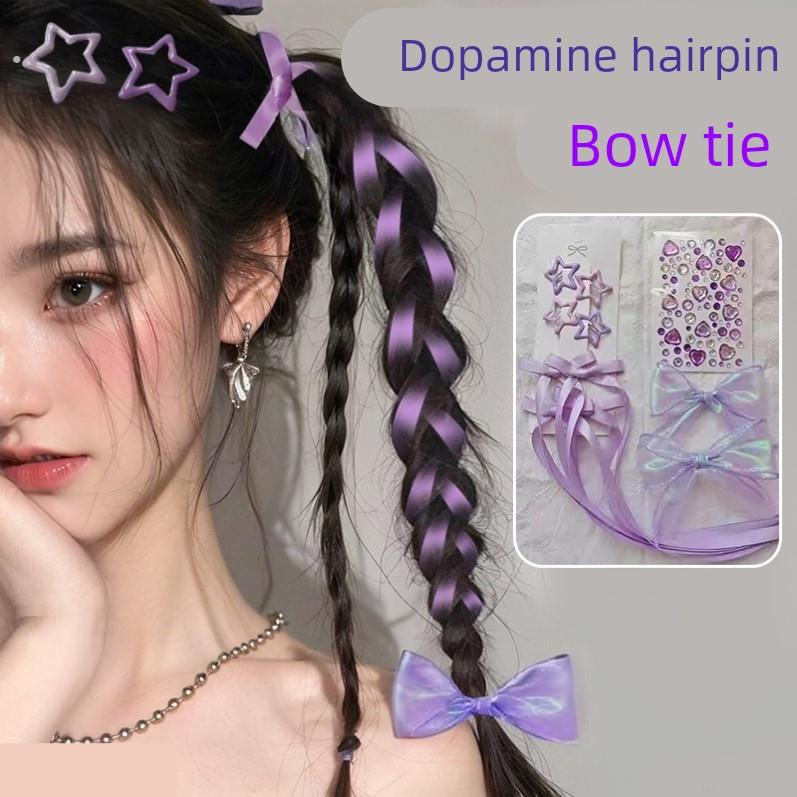 适用邓紫棋演唱会应援物张杰蓝色编发丝带音乐节紫色头饰蝴蝶结