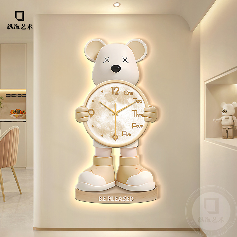 奶油风卡通暴力熊玄关装饰画高级感走廊尽头挂画带钟表发光壁灯画图片