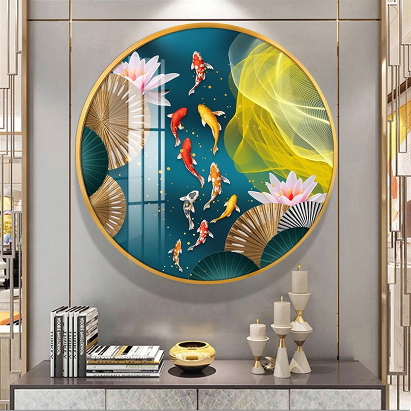 九鱼聚财圆形玄关装饰画新款轻奢客厅餐厅画走廊卧室晶瓷平面挂画图片