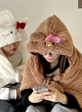 可爱猫咪毛毯式大披肩冬季女外搭披风加厚保暖办公室午睡外套斗篷