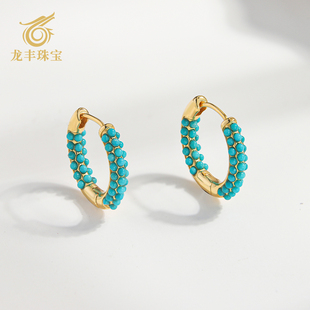 龙丰绿松轩S925银镀18K金正品天然绿松石美松圆珠耳环女款耳饰