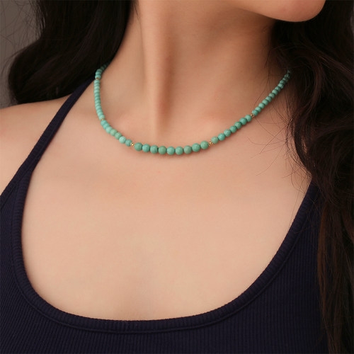 18k金天然绿松石圆珠项链女款