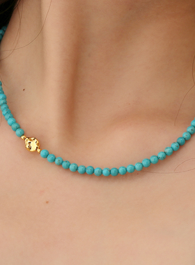 龙丰绿松轩S925银镀18k金正品天然绿松石圆珠diy项链女款高级感