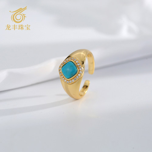 正品天然绿松石方形简约女款戒指