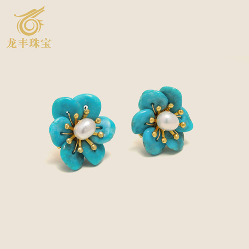 龙丰绿松轩珠宝松石籽料珍珠耳钉