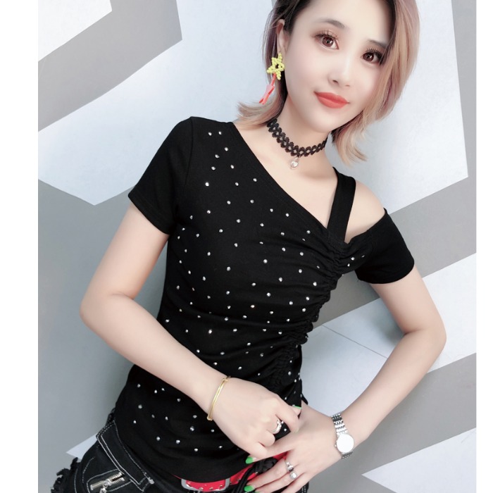 露肩上衣夏季新款抽绳纯棉t恤女短袖修身夜店性感美背半袖体桖潮满62.00元可用22.1元优惠券