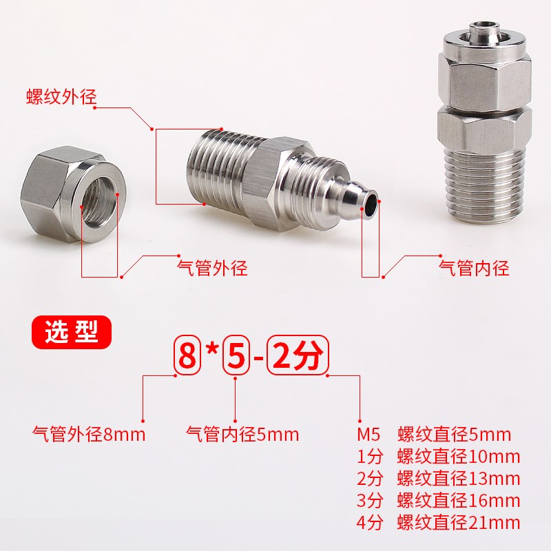 不锈钢快拧接头气管锁母快速气动尼龙管直K通螺纹软管终端材质304
