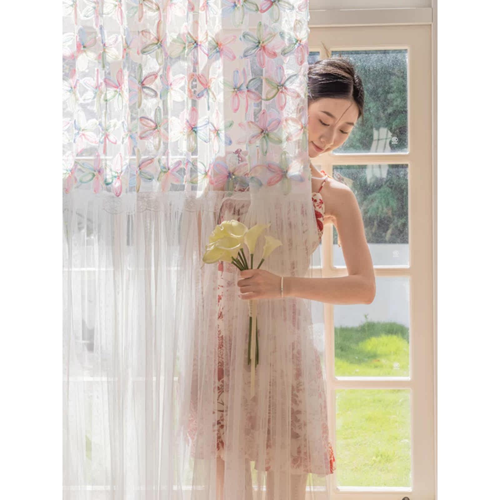 韩式唯美拼接窗纱花边绣花刺绣半遮光彩色花朵纱帘隔断阳台成品帘