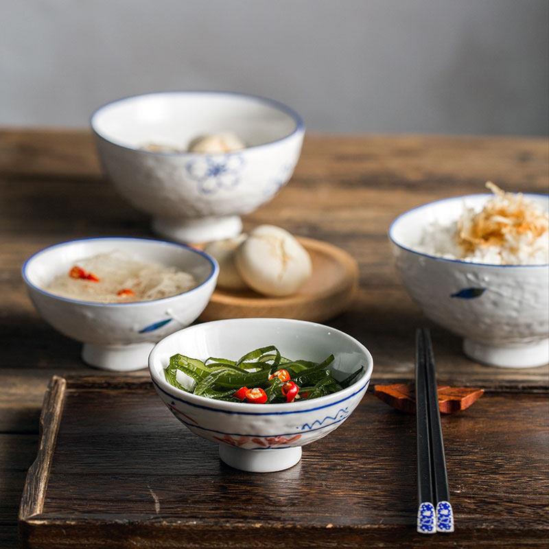 【划算三件套】青恋日式复古手绘家用青花高脚饭碗酱料碗甜点碗