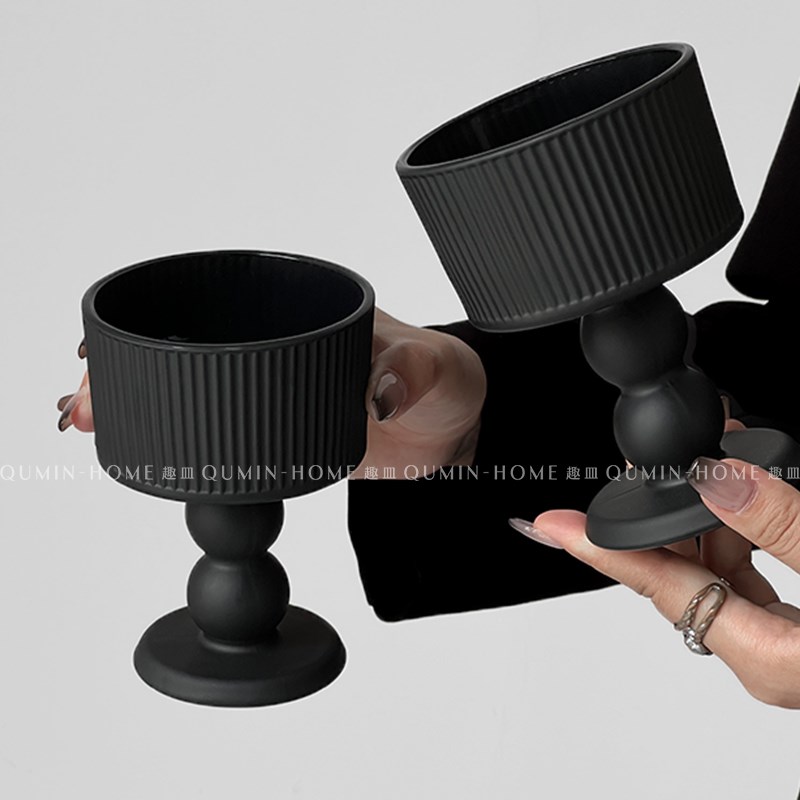 趣皿ins风高脚杯黑色玻璃杯酒具家用红酒杯子轻奢高档香槟水杯