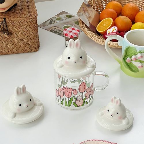 穆尼 ins奶fufu兔子杯盖陶瓷防尘马克杯通用立体盖子可爱创意环保