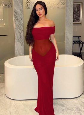 欧美跨境网纱拼接长裙2025夏季新款性感一字肩褶皱修身气质