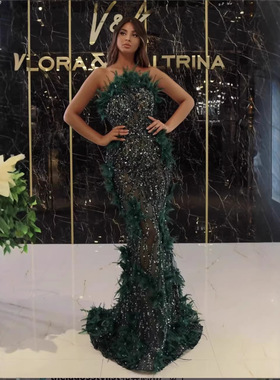 欧美跨境外贸速卖通抹胸绿色羽毛重工亮片包臀修身显瘦宴会晚礼服