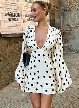 亚马逊跨境热销新款时尚波点印花性感深V修身喇叭袖包臀连衣裙女