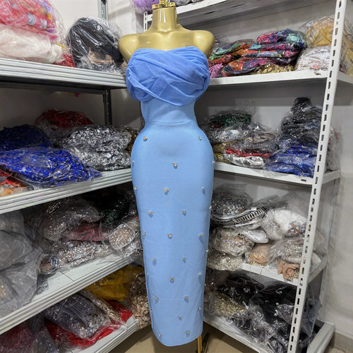 现货跨境亚马逊独立站华丽精品重工连衣裙抹胸订钻绷带晚礼服