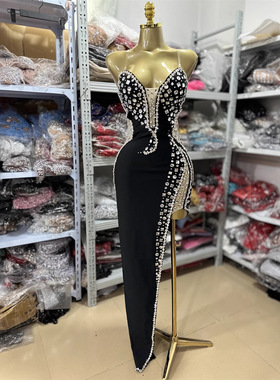 2025春季女装重工镶钻性感 无袖抹胸修身V领立体高级感礼服