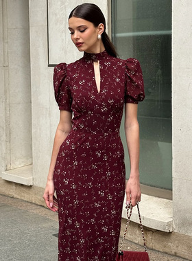 欧美跨境女装2025夏季新款气质印花半高领镂空修身短袖长款