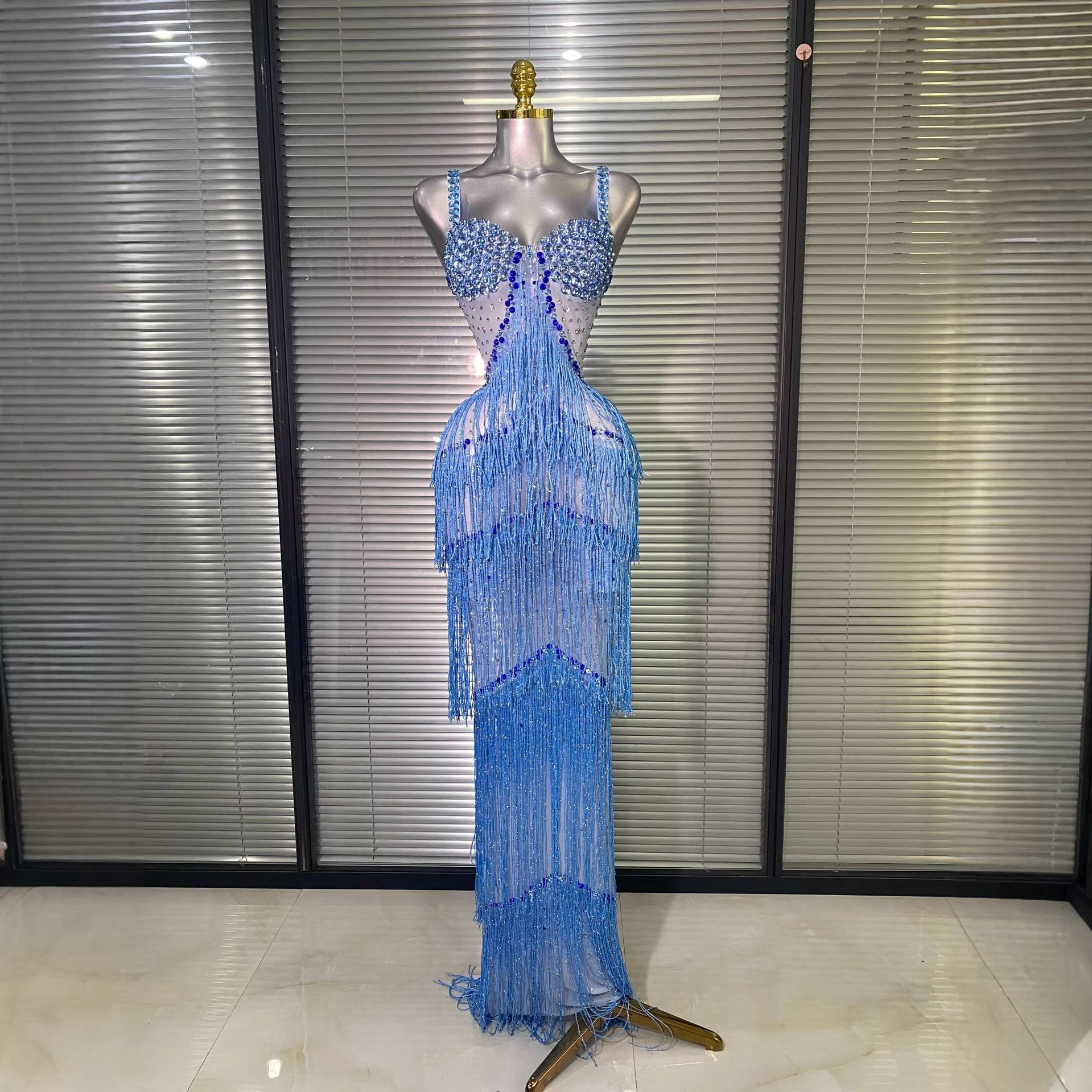 欧美跨境新款水钻流苏长裙奢华生日派对舞会礼服演出服