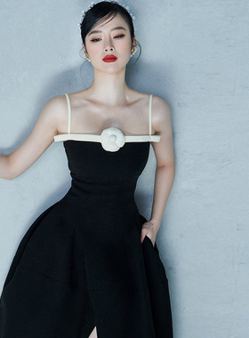 越南小众设计师2025新晶黑白拼色山茶花开叉连衣裙长裙礼服裙9954