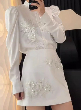 法式立领白色衬衫女2025新款洋气减龄钉珠衬衣气质名媛上衣春