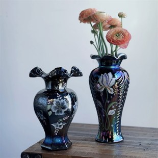 中古芬顿六角羽毛大肚鎏金深色纯手工彩绘琉璃花瓶水养插花器